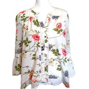 Fever v-neck, 3/4 bell sleeves, floral print blouse, off white base, size XL